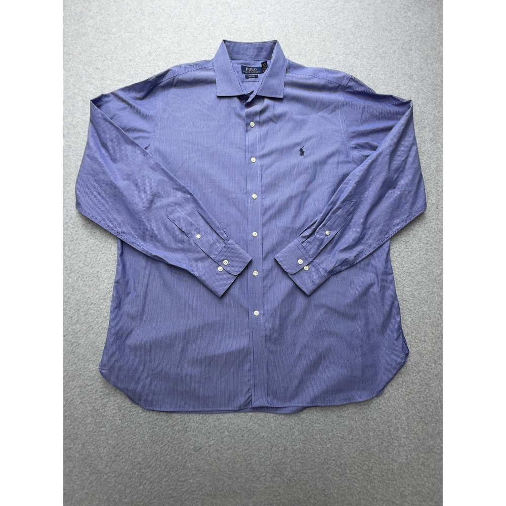 Polo Ralph Lauren Dress Shirt Mens 17.5 34/35 Blue Pinstripe Easy Care